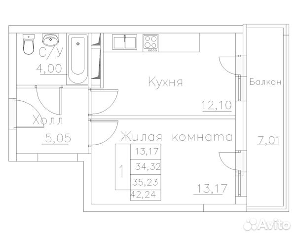 1-к квартира, 42.2 м², 3/6 эт.