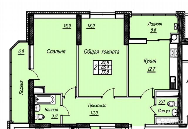 2-к квартира, 77.8 м², 6/12 эт.
