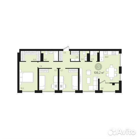 3-к квартира, 106.1 м², 2/8 эт.