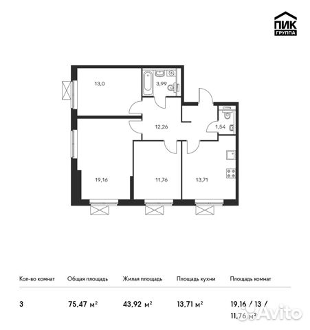 3-к квартира, 75.5 м², 26/33 эт. 3-к квартира, 75.5 м², 26/33 эт.