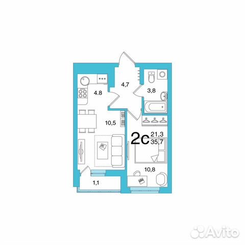 2-к квартира, 35.7 м², 7/22 эт.