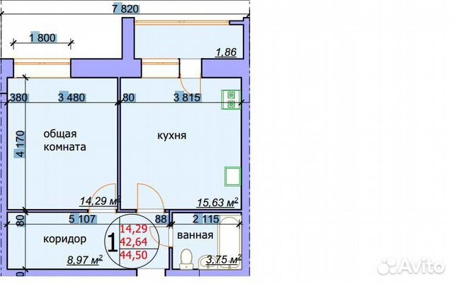1-к квартира, 44.5 м², 4/4 эт. 1-к квартира, 44.5 м², 4/4 эт.