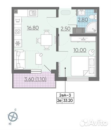 1-к квартира, 33.2 м², 3/14 эт.