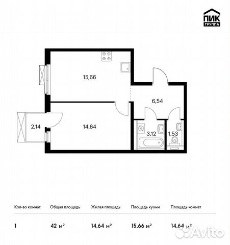 1-к квартира, 42 м², 11/14 эт. 1-к квартира, 42 м², 11/14 эт.