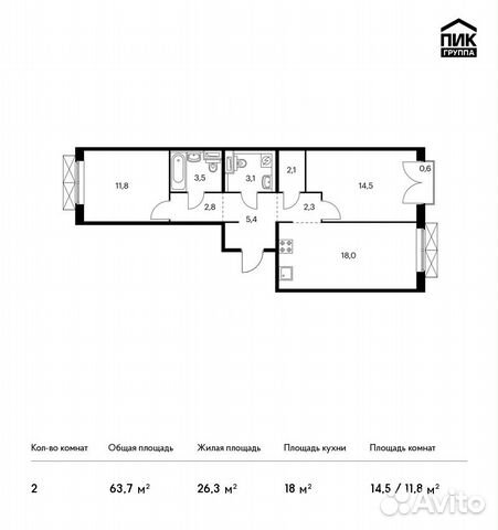 2-к квартира, 63.7 м², 8/9 эт.