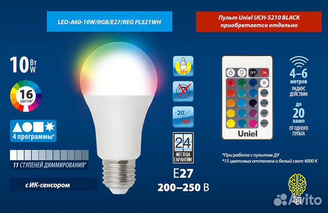 Светодиодная лампа RGB+W c ик-сенсором, пульт