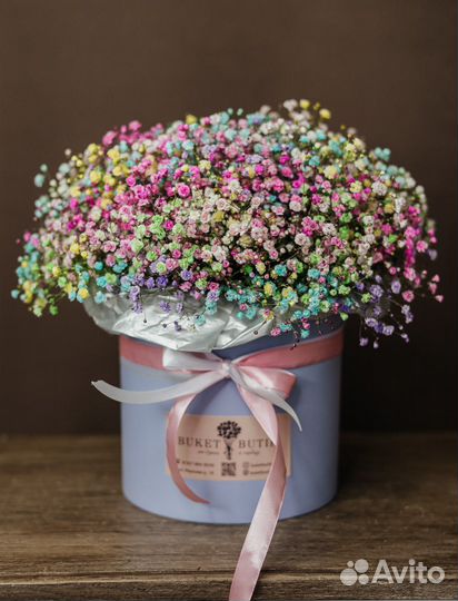 Доставка цветов. Радужная гипсофила в коробке разм