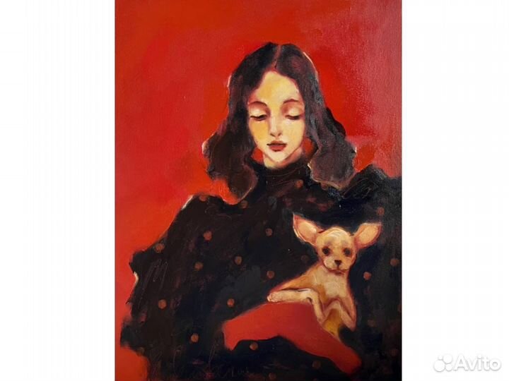 Картина маслом девушка с собакой той терьер