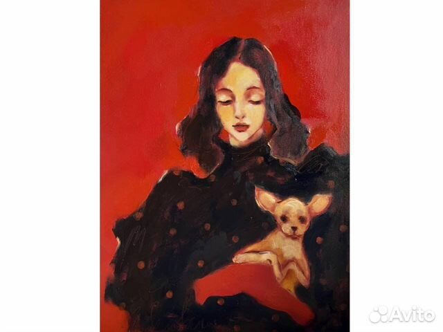 Картина маслом девушка с собакой той терьер