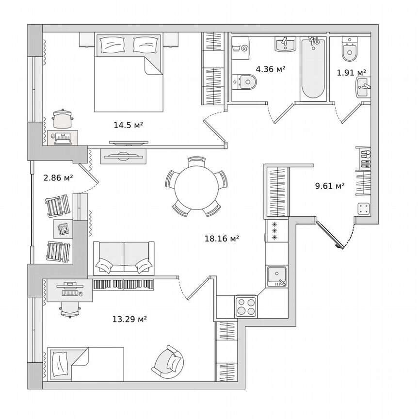 2-к. квартира, 62,7 м², 14/22 эт.