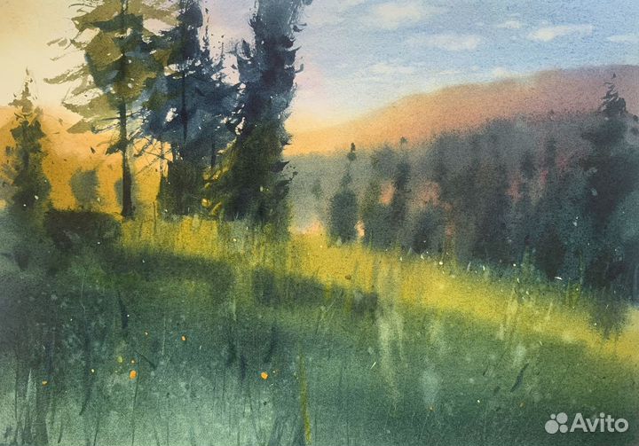 Картина акварель закат в горах