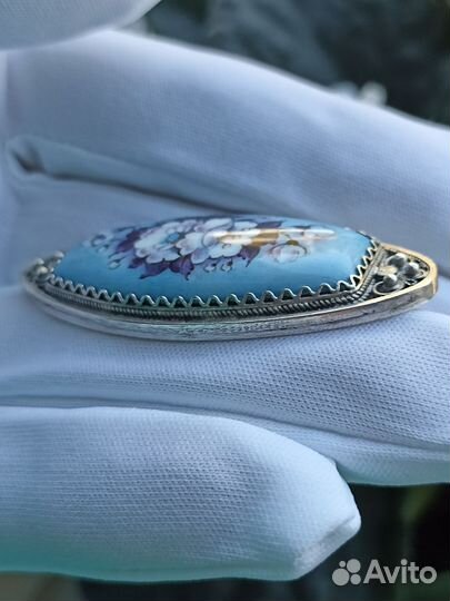 Брошь СССР мельхиор скань финифть голубая