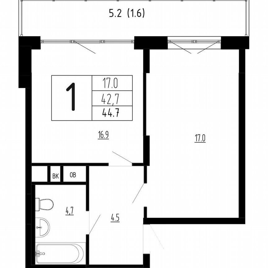 1-к. квартира, 44,7 м², 3/4 эт.