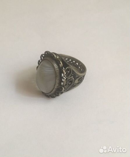 Кольцо мельхиор камень серый агат р 18,5 ретро
