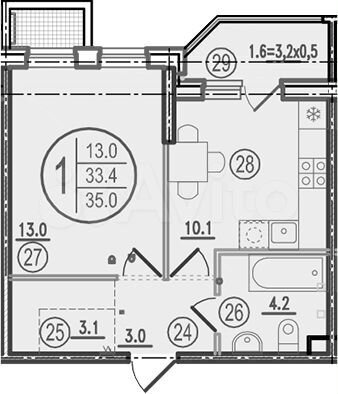 1-к. квартира, 33,4 м², 1/9 эт.