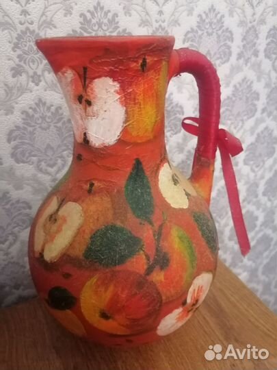Глиняный кувшин ручная роспись декупаж
