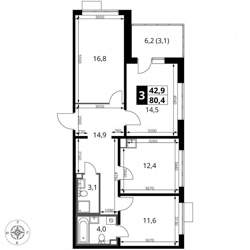 3-к. квартира, 80,4 м², 5/12 эт.
