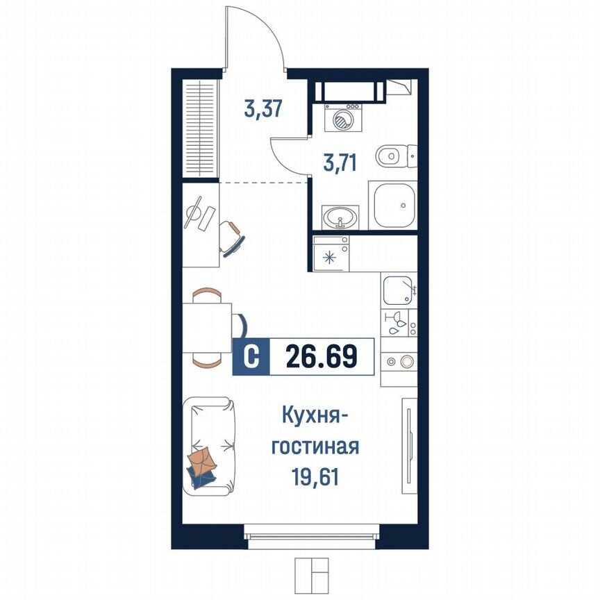 Квартира-студия, 26,7 м², 7/18 эт.