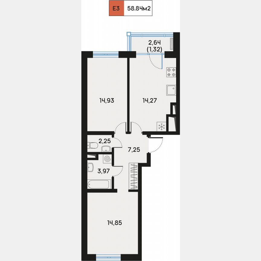 2-к. квартира, 59,4 м², 2/9 эт.
