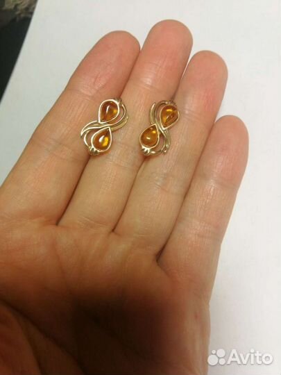 Янтарные серьги серебро с позолотой