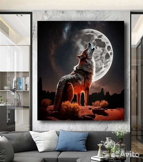 Большая картина маслом в интерьер Волк и луна