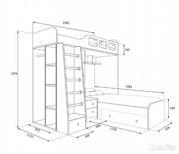 Двухъярусная кровать Белый/Голубой
