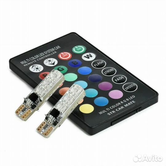 RGB LED лампы T10 меняющие цвета, пульт, 4Шт