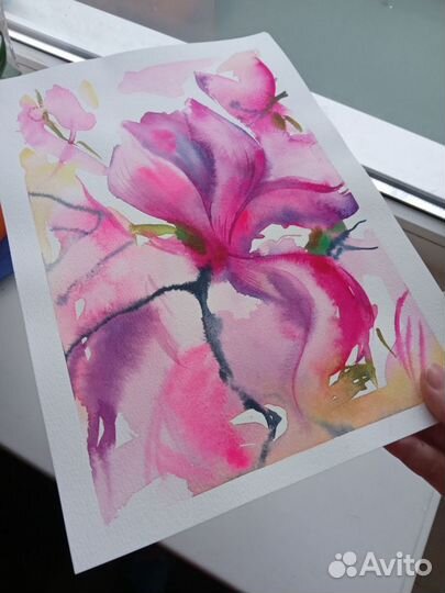 Картина с цветами Розовые магнолии акварелью 21х30