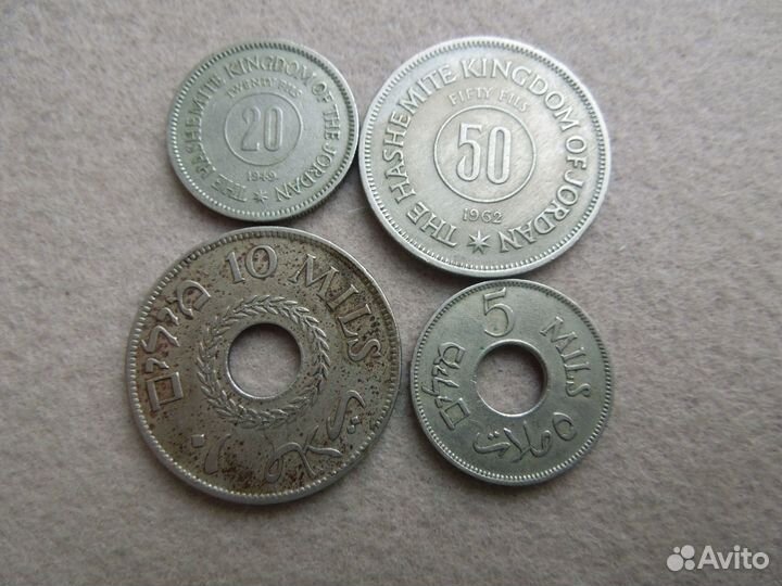 5 и 10 милс 1927 Палестина, 20 и 50 филс Иордания