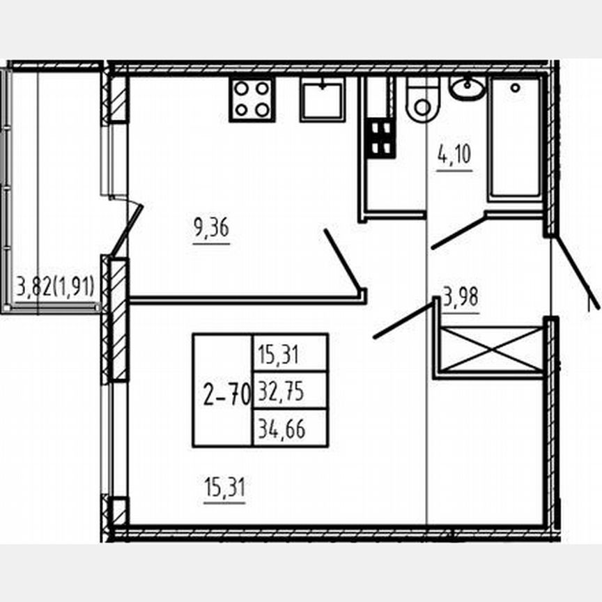 1-к. квартира, 32,8 м², 3/4 эт.