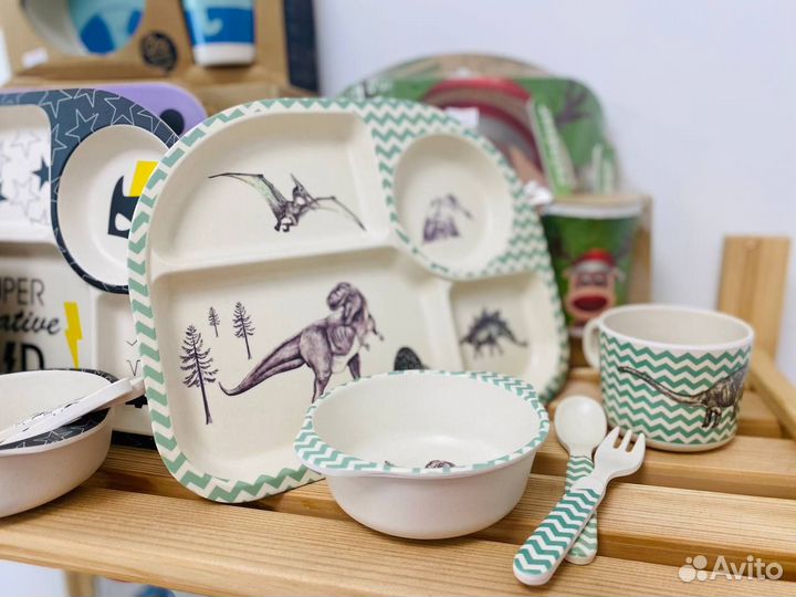 Набор детской посуды из бамбука Динозавры