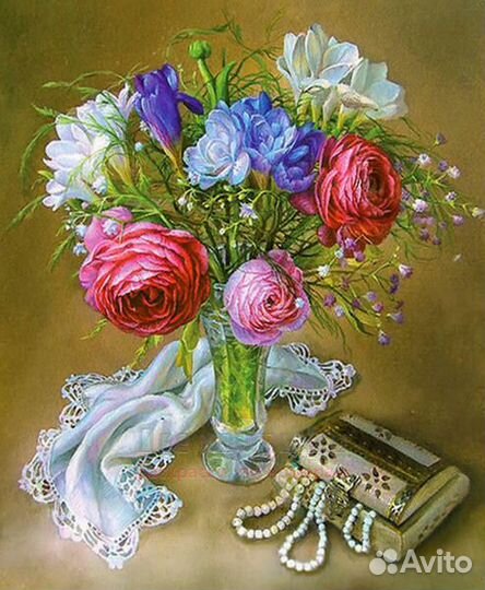 Алмазная мозаика 40x50 Тонкая ваза с цветами и жен