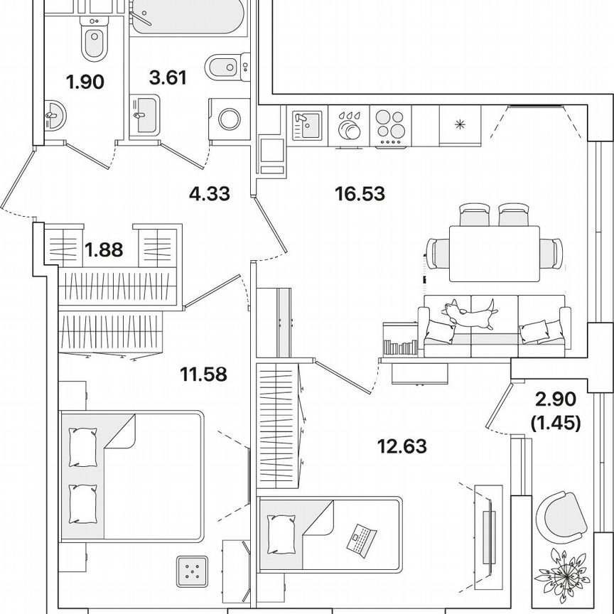 2-к. квартира, 53,9 м², 6/12 эт.