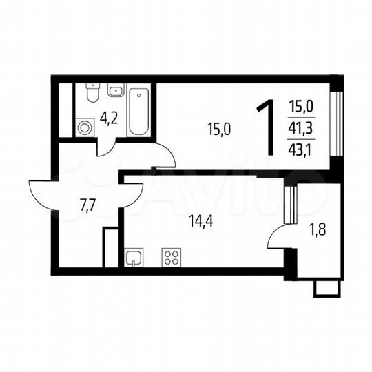 1-к. квартира, 43,1 м², 5/14 эт.