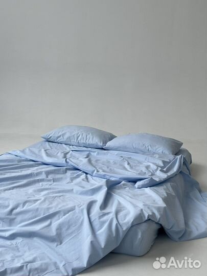 Постельное белье евро голубое из вареного хлопка