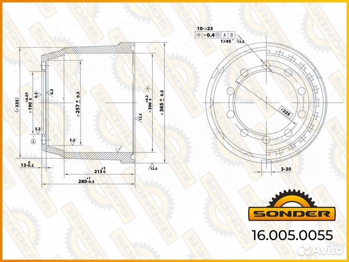 Барабан тормозной 300*280*225*190 n10*23 SAF