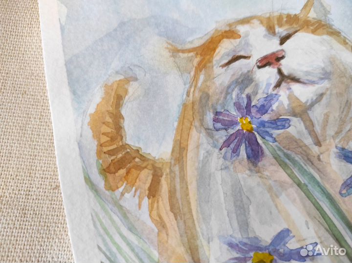 Картина акварелью. Иллюстрация рыжий кот и цветы