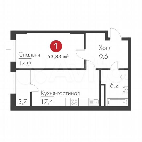 1-к. квартира, 53,8 м², 5/19 эт.