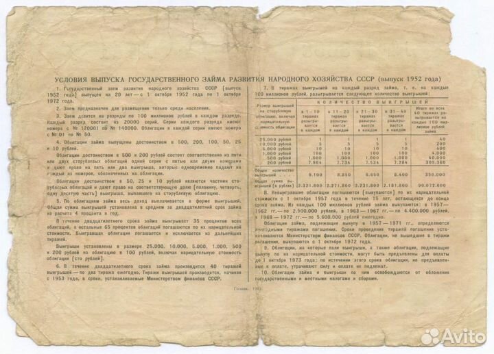 Облигация 100 рублей 1952 год. Серия № 123658. Poo
