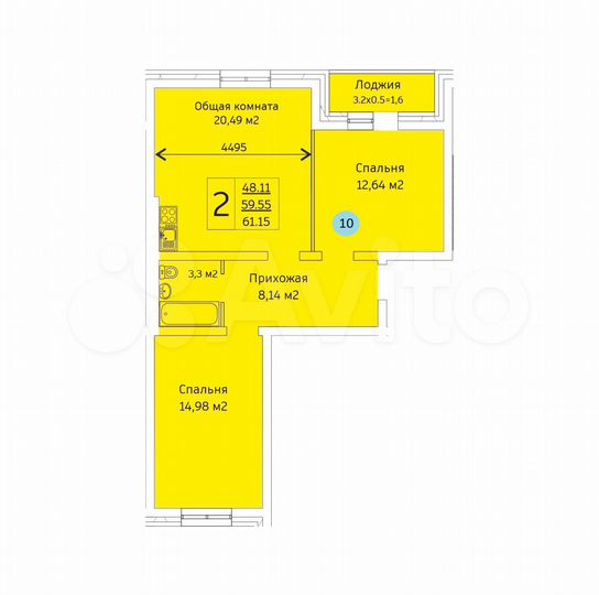 2-к. квартира, 61,2 м², 2/5 эт.
