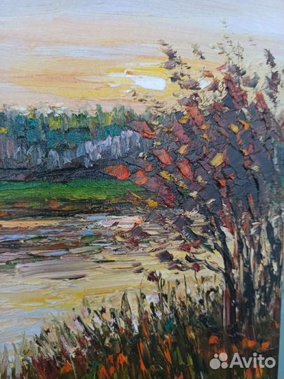 Картина пейзаж маслом лето закат речка холст
