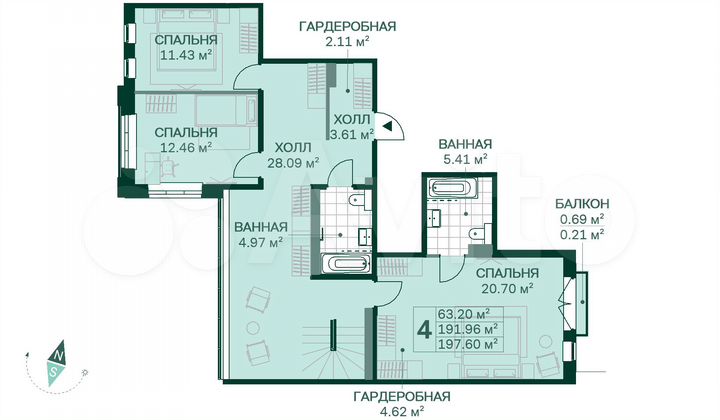 4-к. квартира, 197,6 м², 13/14 эт.