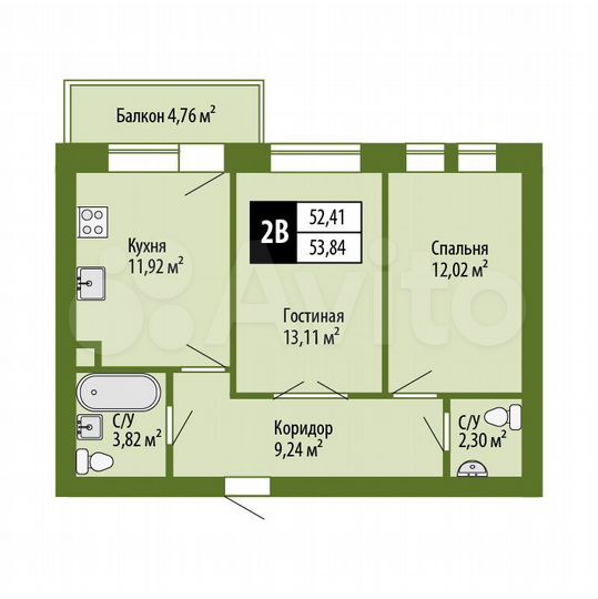 2-к. квартира, 53,8 м², 3/5 эт.