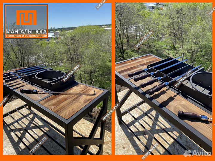 Мангал стильный с деревянными столиками
