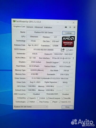 Видеокарта asus 2304sp rx580 8gb