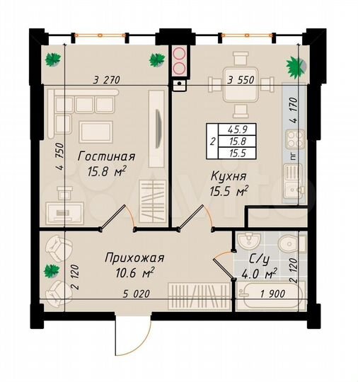1-к. квартира, 45,9 м², 5/10 эт.