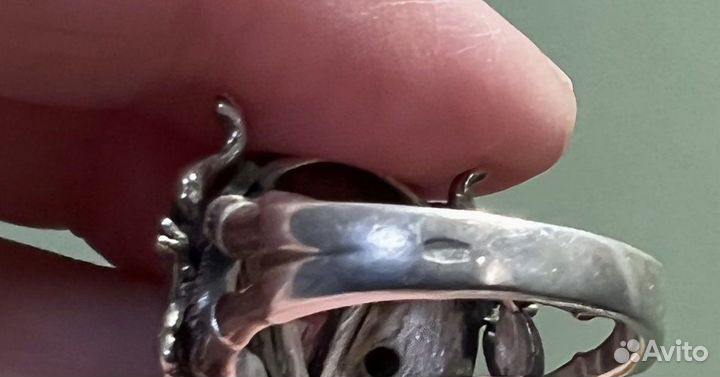 Кольцо серебро 925 божья коровка, кабошон янтарь