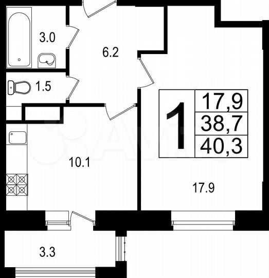 1-к. квартира, 39,2 м², 2/9 эт.