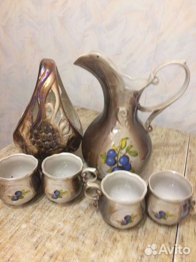 Кувшин корзинка и 4 кружки фарфор