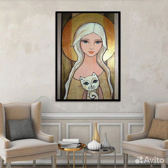 Картина маслом Девушка и кот Современный дизайн